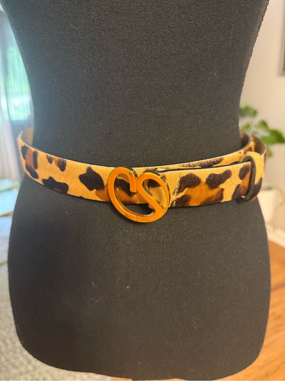 St. John Knits Narrow Leopard Print Calf Hair Belt with Gold Buckle sz S